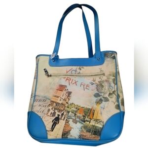 MX French Inspired HandBag Purse Tote Bag- Off White Print W Blue trim